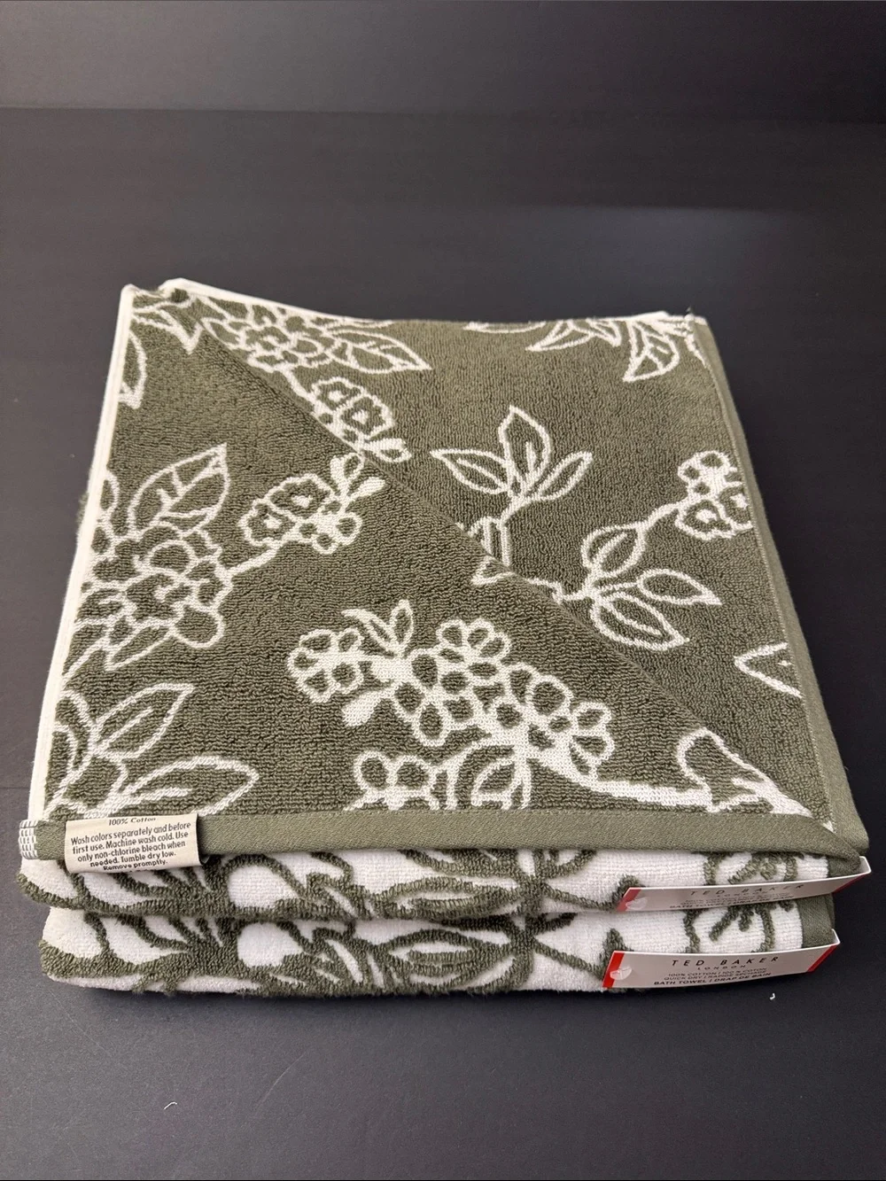 8pc TED BAKER London 100% Cotton Bath Towel Set - Quick Dry - Olive Green/White